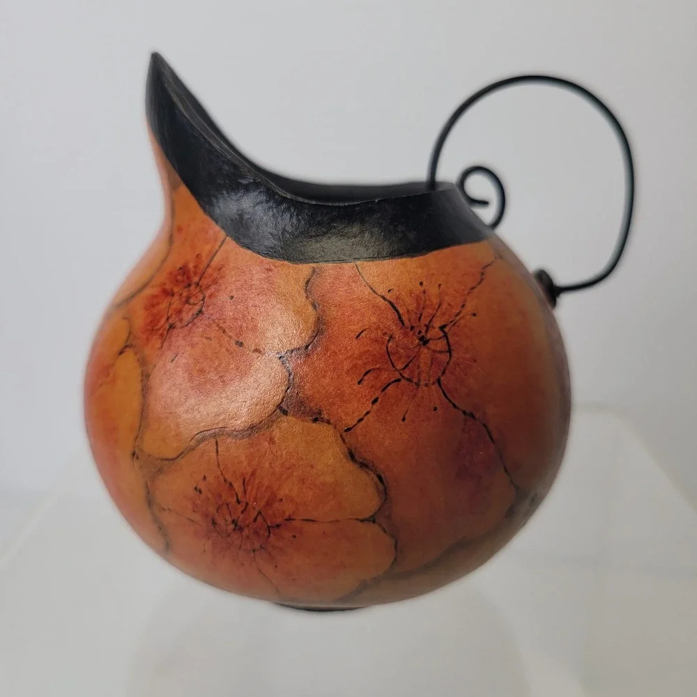 VTG Handcrafted Real Gourd Pitcher Vase Folk Art Floral w/ Handle 3 1/2